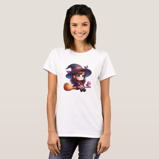 Schattige Schattigee heks met 2 vogeltjes, Hallowe T-shirt (Voorkant volledig)