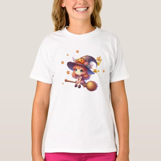 Schattige Schattigee heks vliegen met bezem, Hallo T-shirt (Voorkant)