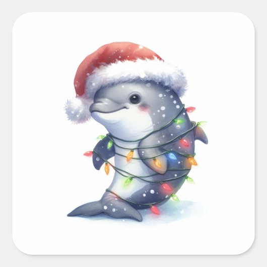Schattige Schattigee kerstdolfijn Vierkante Sticker (Voorkant)