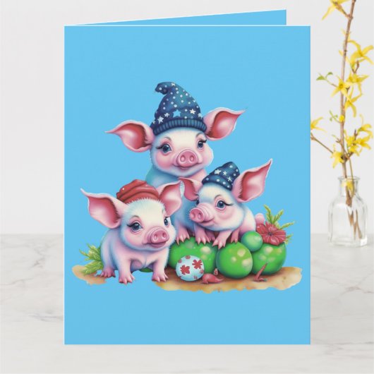 Schattige Schattigee kleine varkensvleesjes kerstg Kaart (Gele Bloem)