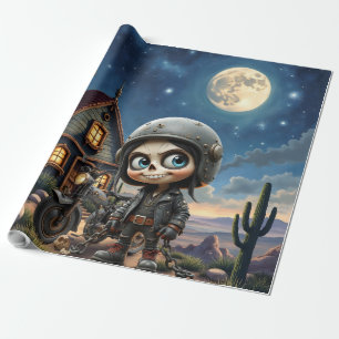 Schattige Schedel Biker Maanverlichte Rit door d Cadeaupapier