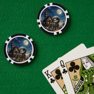 Schattige Schedel Biker Maanverlichte Rit door d Poker Chips