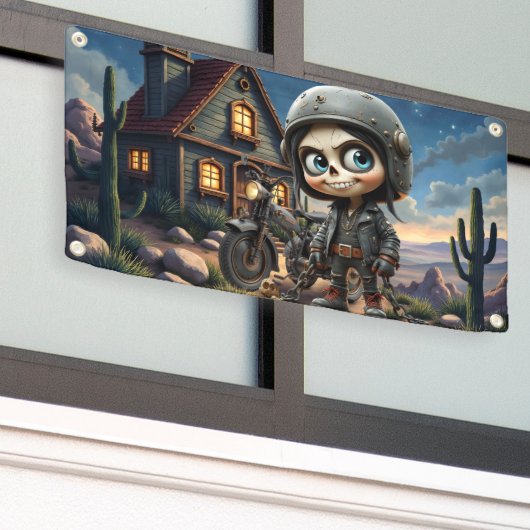 Schattige Schedel Biker | Maanverlichte Rit door d Spandoek (Buitenkant Gebouw)