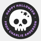 Schattige schedel met sterren zwart paars Gelukkig Ronde Sticker (Voorkant)