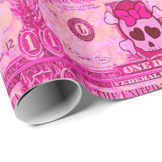 schattige schedel, roze dollar cadeaupapier (Rol Hoek)