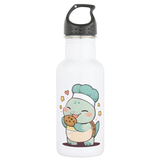 Schattige Schildpad Chef Eet Koekje Kawaii Ontwerp Waterfles (Voorkant)