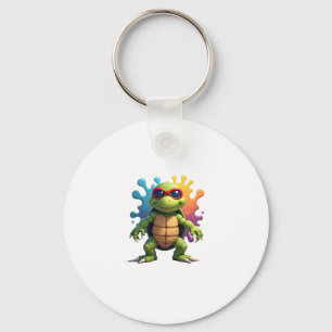 Schattige Schildpad Draagt Zonnebril Verf Spat Zee Sleutelhanger