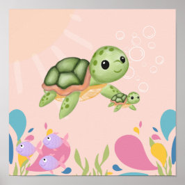Schattige schildpad in roze oceaan scene, poster