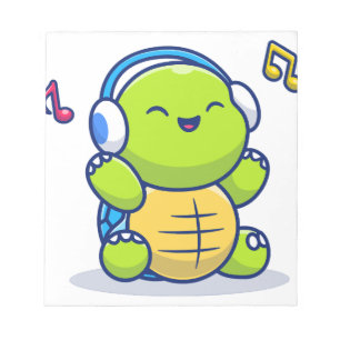Schattige Schildpad Luistert Muziek Met Hoofdtelef Notitieblok