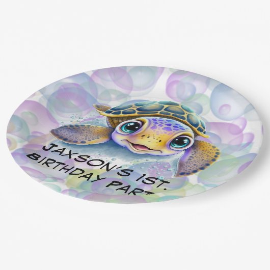 Schattige Schildpad met Bubbles 1st. verjaardagsfe Papieren Bordje (Gekanteld)
