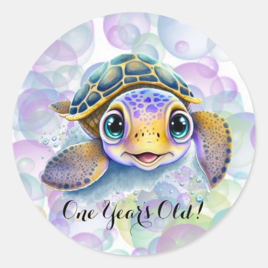 Schattige Schildpad met Bubbles 1st. verjaardagsfe Ronde Sticker (Voorkant)