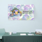 Schattige Schildpad met Bubbles 1st. verjaardagsfe Spandoek (Beurs)