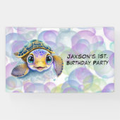 Schattige Schildpad met Bubbles 1st. verjaardagsfe Spandoek (Horizontaal)