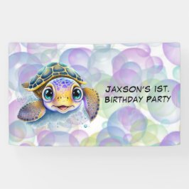 Schattige Schildpad met Bubbles 1st. verjaardagsfe Spandoek