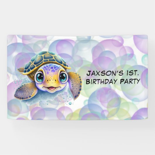 Schattige Schildpad met Bubbles 1st. verjaardagsfe Spandoek (Horizontaal)
