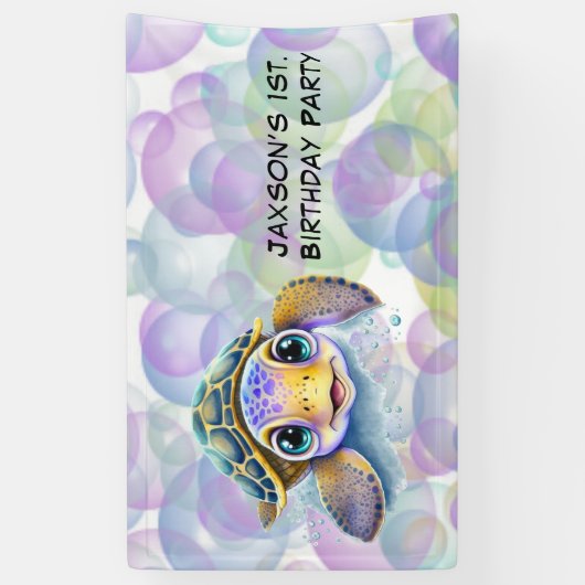 Schattige Schildpad met Bubbles 1st. verjaardagsfe Spandoek (Verticaal)