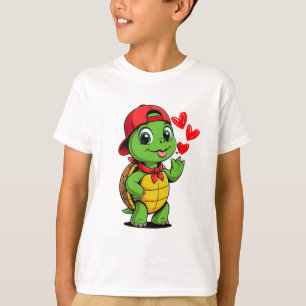 Schattige Schildpad met Hoed en Hartjes Cartoon Di T-shirt