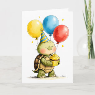 Schattige Schildpad met Taart Kind Verjaardag Kaart