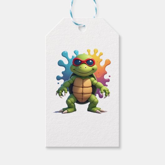 Schattige Schildpad met Zonnebril Verfspatten Zee Cadeaulabel (Voorkant)