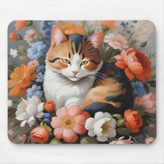 Schattige schildpadkat en bloemen muismat (Voorkant)