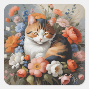 Schattige schildpadkat en bloemen vierkante sticker