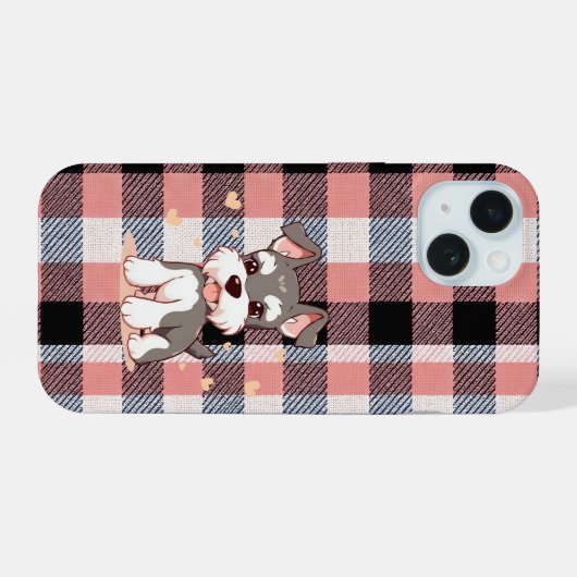 Schattige Schnauzer Hond Roze Plaid iPhone 15 Case (Achterkant horizontaal)
