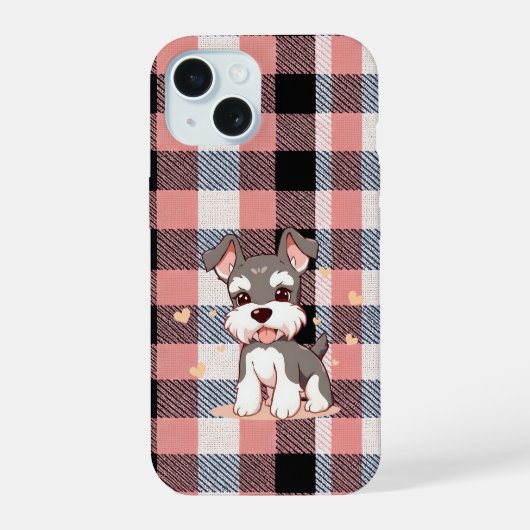 Schattige Schnauzer Hond Roze Plaid iPhone 15 Case (Achterkant)