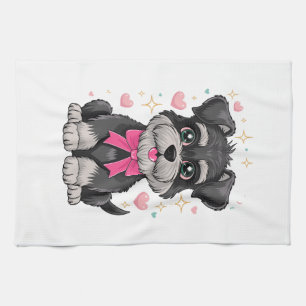 Schattige Schnauzer Met Roze Boog Omringd door Har Theedoek
