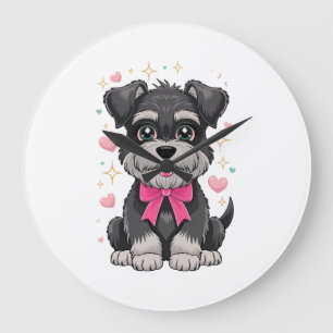 Schattige Schnauzer Met Roze Strik Omringd door Ha Grote Klok