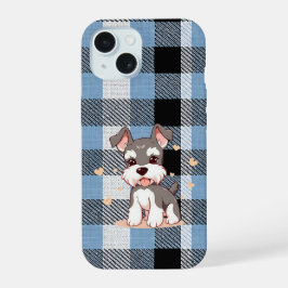 Schattige Schnauzerhond Blauwe Ruit iPhone 15 Case