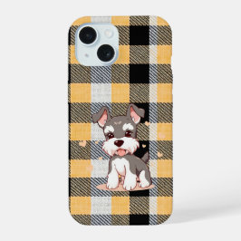Schattige Schnauzerhond Gele Plaid iPhone 15 Case