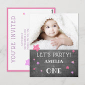 Schattige schoolbord Roze 1e Verjaardag Uitnodigin Briefkaart (Voorkant / Achterkant)