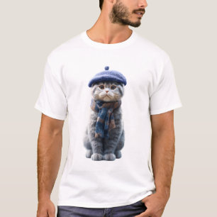 Schattige Schotse Fold Kat in Blauwe Baret en Brei T-shirt