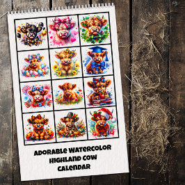Schattige Schotse Hoogland Koe Waterverf Kalender