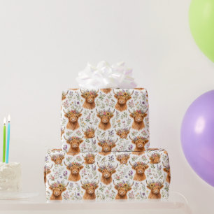 Schattige Schotse Hooglandkoe Bloemrijke Waterverf Cadeaupapier