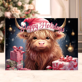 Schattige Schotse Hooglandkoe Gelukkig Kerstfeest Feestdagen Kaart
