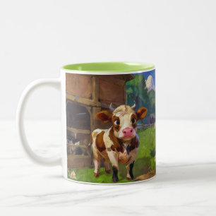 Schattige schuurkoe tweekleurige koffiemok