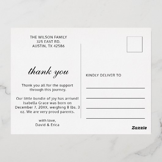 Schattige Script Foto Baby Aankondiging Folie Kaar (Achterkant)