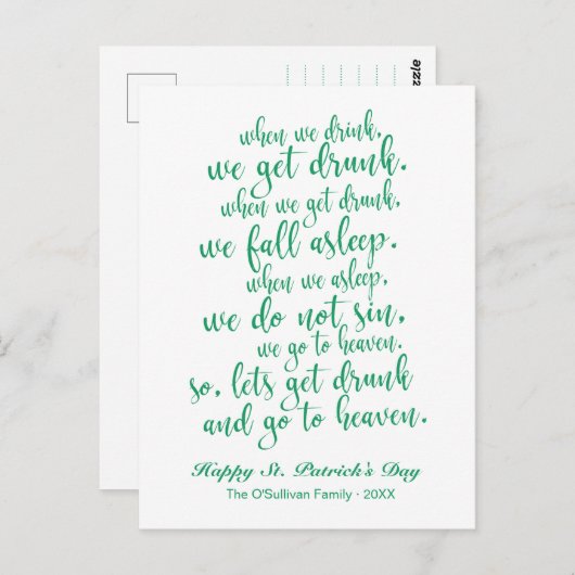 Schattige script Irish Toast St. Patrick's Day Briefkaart (Voorkant / Achterkant)