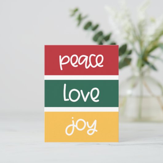 Schattige script Peace Love Joy Christmas Briefkaart (Staand voorkant)