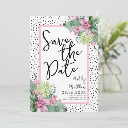 Schattige Script Tropical Wedding Save The Date (Staand voorkant)