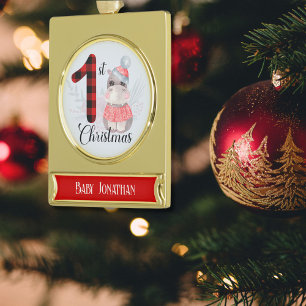 Schattige Seizoensgebonden 1e Kerstmis Geruite Bab Verguld Banner Ornament
