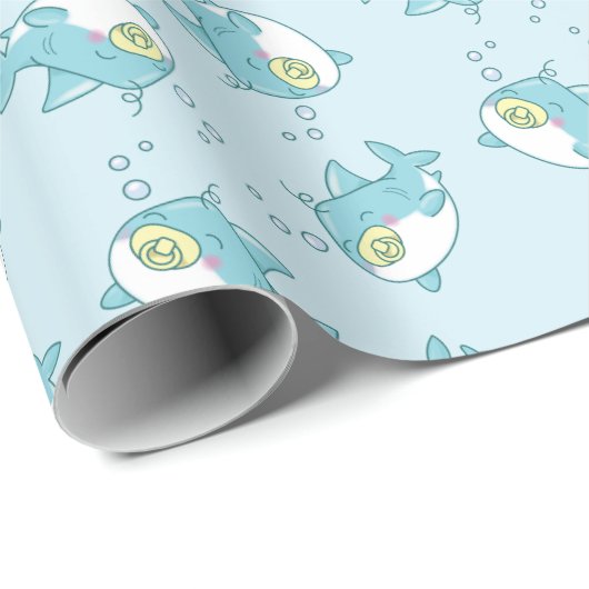 Schattige Shark Baby shower Kawaii Cadeaupapier (Rol Hoek)