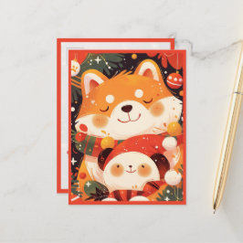 Schattige Shiba Inu die een knuffel panda omhelst Briefkaart