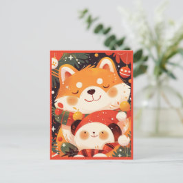 Schattige Shiba Inu die Knuffel Panda omhelst Feestdagenkaart