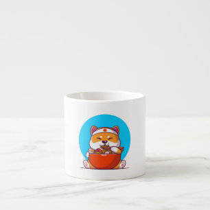 Schattige Shiba Inu die Ramen Noodle Cartoon eet Espresso Kop