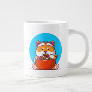 Schattige Shiba Inu die Ramen Noodle Cartoon eet Grote Koffiekop
