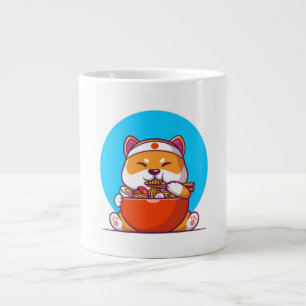 Schattige Shiba Inu die Ramen Noodle Cartoon eet Grote Koffiekop