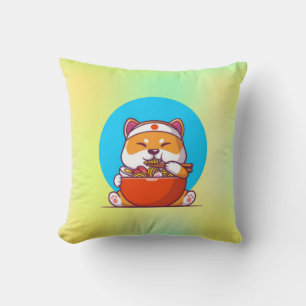 Schattige Shiba Inu die Ramen Noodle Cartoon eet Kussen