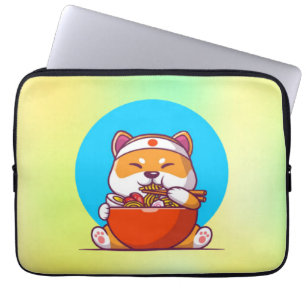 Schattige Shiba Inu die Ramen Noodle Cartoon eet Laptop Sleeve
